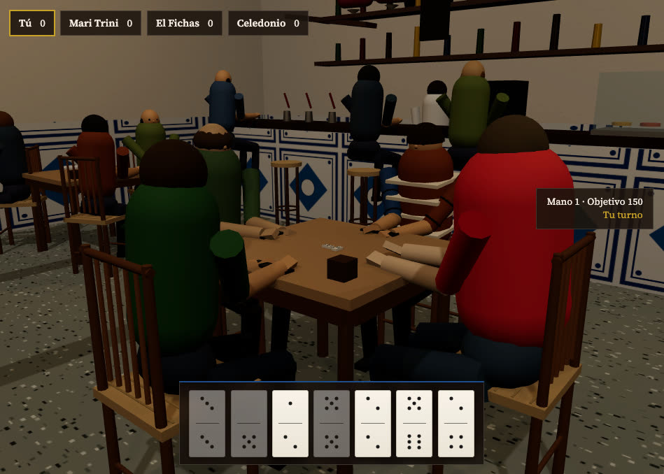 Primera versión del juego: personajes de bloques procedurales sentados alrededor de una mesa, sin rostros ni ropa detallada